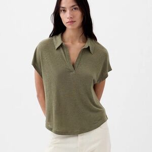 Gap Women's Olive Green Linen Blend Polo Tee S